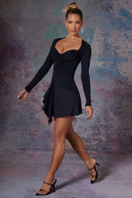 Load image into Gallery viewer, OH POLLY LILI LONG SLEEVED WATERFALL SKIRT MINI DRESS IN MIDNIGHT BLACK