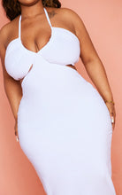 Load image into Gallery viewer, PLUS WHITE STRETCH WOVEN CUT OUT HALTERNECK MIDI DRESS