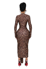 Load image into Gallery viewer, LYCHEE DEEP PLUNGE LONG SLEEVE DRESS IN BIG CAT