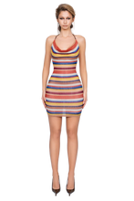 Load image into Gallery viewer, COUCOO NORA COWEL NECK MINI DRESS - ELECTRIC EMBER LINES