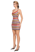 Load image into Gallery viewer, COUCOO NORA COWEL NECK MINI DRESS - ELECTRIC EMBER LINES