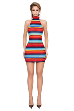 Load image into Gallery viewer, COUCOO VAZZENA HIGH NECK MINI DRESS IN CORAL BLAZE AND VIVID STRATA KNIT