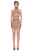 Load image into Gallery viewer, VAZZENA HIGH NECK MINI DRESS IN CORAL BLAZE AND VIVID STRATA KNIT