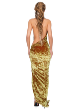 Load image into Gallery viewer, CORVARO HIGH SPLIT MAXI DRESS IN HONEY LIME