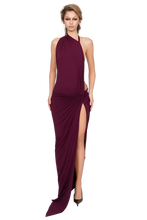 Load image into Gallery viewer, COUCOO CORVARO HIGH SPLIT MAXI DRESS IN HONEY LIME / RED / ARABICA / DEEP BERRY