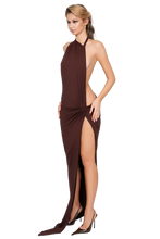Load image into Gallery viewer, COUCOO CORVARO HIGH SPLIT MAXI DRESS IN HONEY LIME / RED / ARABICA / DEEP BERRY