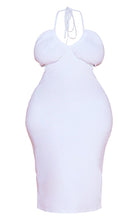 Load image into Gallery viewer, PLUS WHITE STRETCH WOVEN CUT OUT HALTERNECK MIDI DRESS