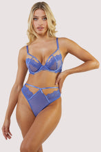 Load image into Gallery viewer, MAISIE BLUE LACE TRIM HIGHWAIST THONG, SUSPENDER AND BRA SET