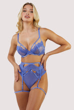 Load image into Gallery viewer, MAISIE BLUE LACE TRIM HIGHWAIST THONG, SUSPENDER AND BRA SET