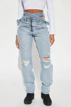 Load image into Gallery viewer, FASHION NOVA PAST AND PRESENT CROSS OVER JEANS IN LIGHT WASH