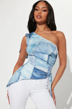 Load image into Gallery viewer, FASHION NOVA KRISTY DENIM PRINT ONE SHOULDER TOP IN BLUE COMBO
