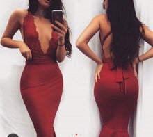 Load image into Gallery viewer, OH POLLY 'HOLD YOU IN' LACE CHOKER PEPLUM MIDI DRESS IN RED