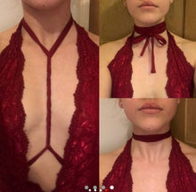 Load image into Gallery viewer, OH POLLY 'HOLD YOU IN' LACE CHOKER PEPLUM MIDI DRESS IN RED