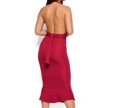 Load image into Gallery viewer, OH POLLY 'HOLD YOU IN' LACE CHOKER PEPLUM MIDI DRESS IN RED