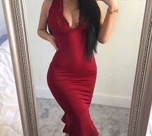 Load image into Gallery viewer, OH POLLY 'HOLD YOU IN' LACE CHOKER PEPLUM MIDI DRESS IN RED