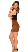 Load image into Gallery viewer, HOCB 'LALIA' TAN SUEDETTE FRILLED MINI SKIRT, SIZE M