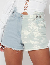 Load image into Gallery viewer, MANIERE DE VOIR 'TIE DYE' DENIM SHORTS WITH DISTRESSING IN LIGHT BLUE, SIZE 8