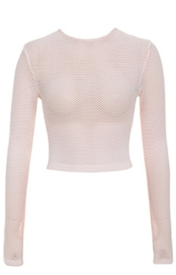 HOUSE OF CB BLUSH KNITTED STRETCH MESH LONG SLEEVED TOP, SIZE M/L