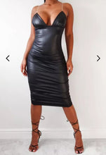 Load image into Gallery viewer, MISSGUIDED BLACK CLEAR STRAPPED RUCHED MIDI DRESS, SIZE 8