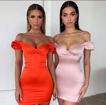 Load image into Gallery viewer, OH POLLY 'INFINITE LOVE' SATIN OFF SHOULDER DRESS IN BLUSH PINK