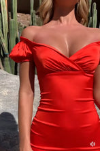 Load image into Gallery viewer, OH POLLY 'INFINITE LOVE' SATIN OFF SHOULDER DRESS IN BLUSH PINK