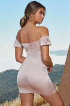 Load image into Gallery viewer, OH POLLY 'INFINITE LOVE' SATIN OFF SHOULDER DRESS IN BLUSH PINK
