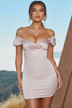 Load image into Gallery viewer, OH POLLY 'INFINITE LOVE' SATIN OFF SHOULDER DRESS IN BLUSH PINK
