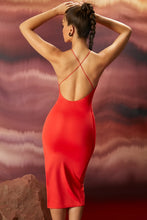 Load image into Gallery viewer, OH POLLY TREAT ME WELL CROSS STRAP KEYHOLE MIDI DRESS IN RED