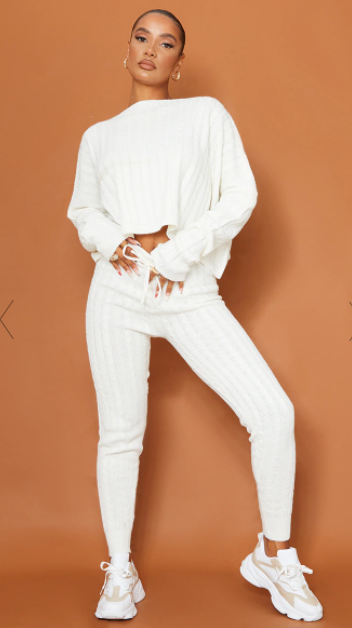 PRETTY LITTLE THING CREAM CABLE KNIT JUMPER & LEGGING SET