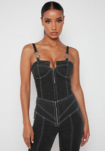 Load image into Gallery viewer, MANIERE DE VOIR 'CONTRAST STITCH' DENIM BODYSUIT IN BLACK