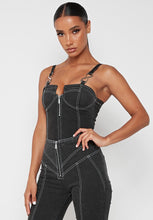 Load image into Gallery viewer, MANIERE DE VOIR 'CONTRAST STITCH' DENIM BODYSUIT IN BLACK