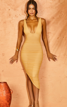 Load image into Gallery viewer, OH POLLY HAVANA PLUNGE RUCHED MIDI DRESS IN BEIGE