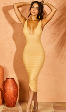 Load image into Gallery viewer, OH POLLY HAVANA PLUNGE RUCHED MIDI DRESS IN BEIGE