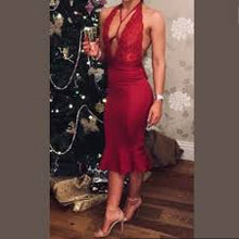 Load image into Gallery viewer, OH POLLY 'HOLD YOU IN' LACE CHOKER PEPLUM MIDI DRESS IN RED