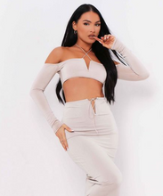 Load image into Gallery viewer, AZIZA SAND HALTER NECK V BAR COLD SHOULDER CROP TOP WITH MCKENNA SAND CUT OUT STRAP MIDI SKIRT
