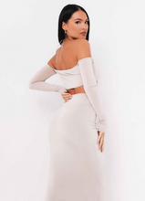 Load image into Gallery viewer, AZIZA SAND HALTER NECK V BAR COLD SHOULDER CROP TOP WITH MCKENNA SAND CUT OUT STRAP MIDI SKIRT