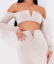 Load image into Gallery viewer, AZIZA SAND HALTER NECK V BAR COLD SHOULDER CROP TOP WITH MCKENNA SAND CUT OUT STRAP MIDI SKIRT