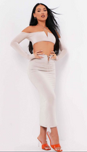 Load image into Gallery viewer, AZIZA SAND HALTER NECK V BAR COLD SHOULDER CROP TOP WITH MCKENNA SAND CUT OUT STRAP MIDI SKIRT