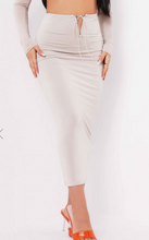 Load image into Gallery viewer, AZIZA SAND HALTER NECK V BAR COLD SHOULDER CROP TOP WITH MCKENNA SAND CUT OUT STRAP MIDI SKIRT