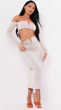 Load image into Gallery viewer, AZIZA SAND HALTER NECK V BAR COLD SHOULDER CROP TOP WITH MCKENNA SAND CUT OUT STRAP MIDI SKIRT