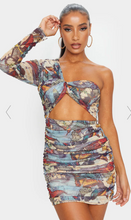 Load image into Gallery viewer, PRETTY LITTLE THING - MULTI BUTTERFLY PRINT MESH ONE SHOULDER DETAIL BODYCON DRESS