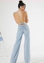 Load image into Gallery viewer, OH POLLY 'BACK ME UP' CUT OUT BACK WIDE LEG DISTRESSED JEANS IN LIGHT BLUE WASH