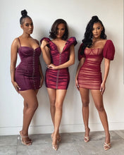 Load image into Gallery viewer, OH POLLY FORBIDDEN DREAM PUFF SHOULDER MINI DRESS IN WINE