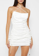 Load image into Gallery viewer, MANIERE DE VOIR RUCHED SATIN MINI DRESS - WHITE