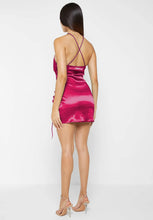 Load image into Gallery viewer, MANIERE DE VOIR RUCHED SATIN MINI DRESS - HOT PINK
