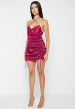 Load image into Gallery viewer, MANIERE DE VOIR RUCHED SATIN MINI DRESS - HOT PINK
