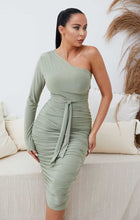 Load image into Gallery viewer, FEMME LUXE RUCHED ONE SHOULDER SLINKY MIDI IN SAGE GREEN