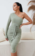 Load image into Gallery viewer, FEMME LUXE RUCHED ONE SHOULDER SLINKY MIDI IN SAGE GREEN
