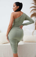 Load image into Gallery viewer, FEMME LUXE RUCHED ONE SHOULDER SLINKY MIDI IN SAGE GREEN