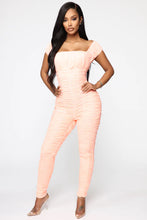 Load image into Gallery viewer, FASHION NOVA PERI RUCHED JUMPSUIT IN NEON CORAL
